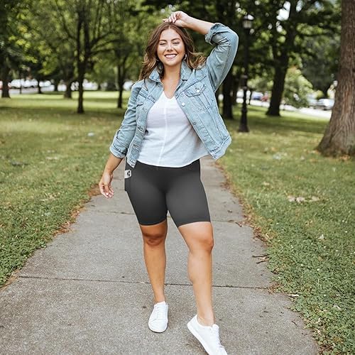 Miniatura 7 de MOREFEEL Pantalones cortos de ciclismo de talla grande de 8 pulgadas con bolsillos para mujer, cintura alta, control de abdomen, pantalones cortos