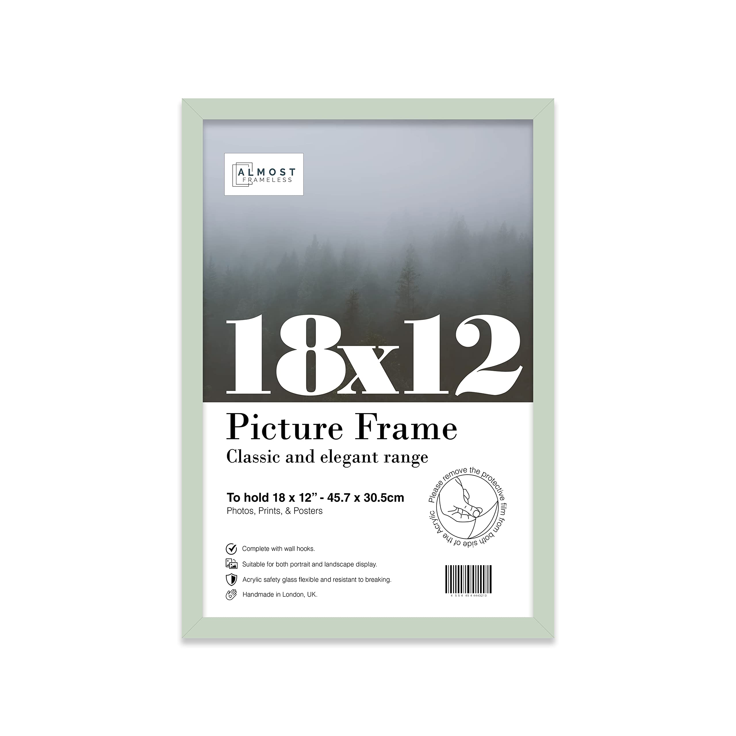 Almost Frameless 18x12 Mint Green Picture Frame 18"x12"(45.7x30.5cm) Poster, Photo, Artwork, or Print. Thin Edge Slim Frame Portrait and Landscape Display with Wall Hooks
