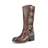 Women's Knee High Riding Boots Side Zipper Motorcycle Boots Square Toe Chunky Heel Fashion Buckles Biker Boots