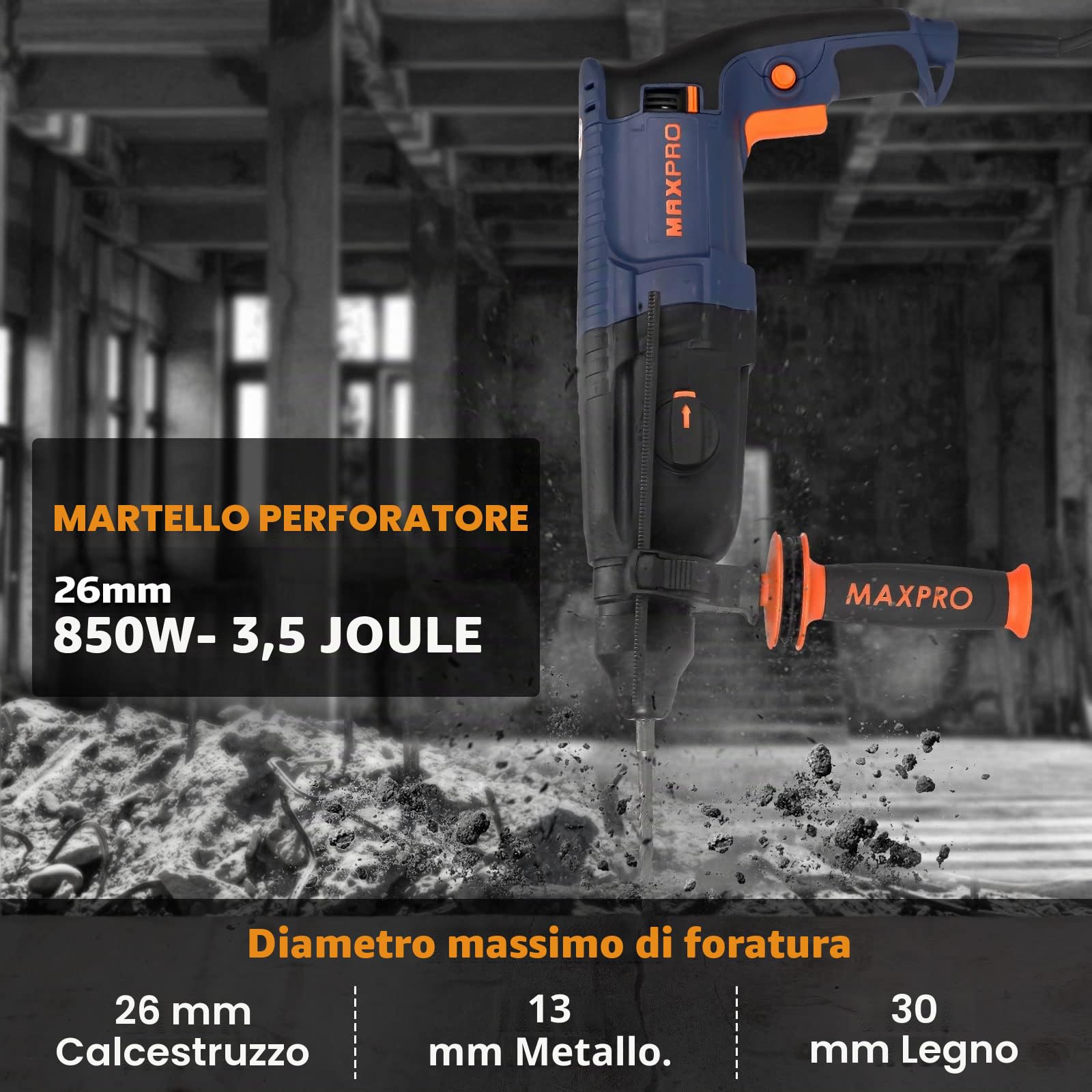MAXPRO Martello Perforatore SDS-Plus 800W, 6 Velocità Variabili con 4 Funzioni, Capacità di foratura: calcestruzzo (26MM), metallo (13MM), legno (30MM)