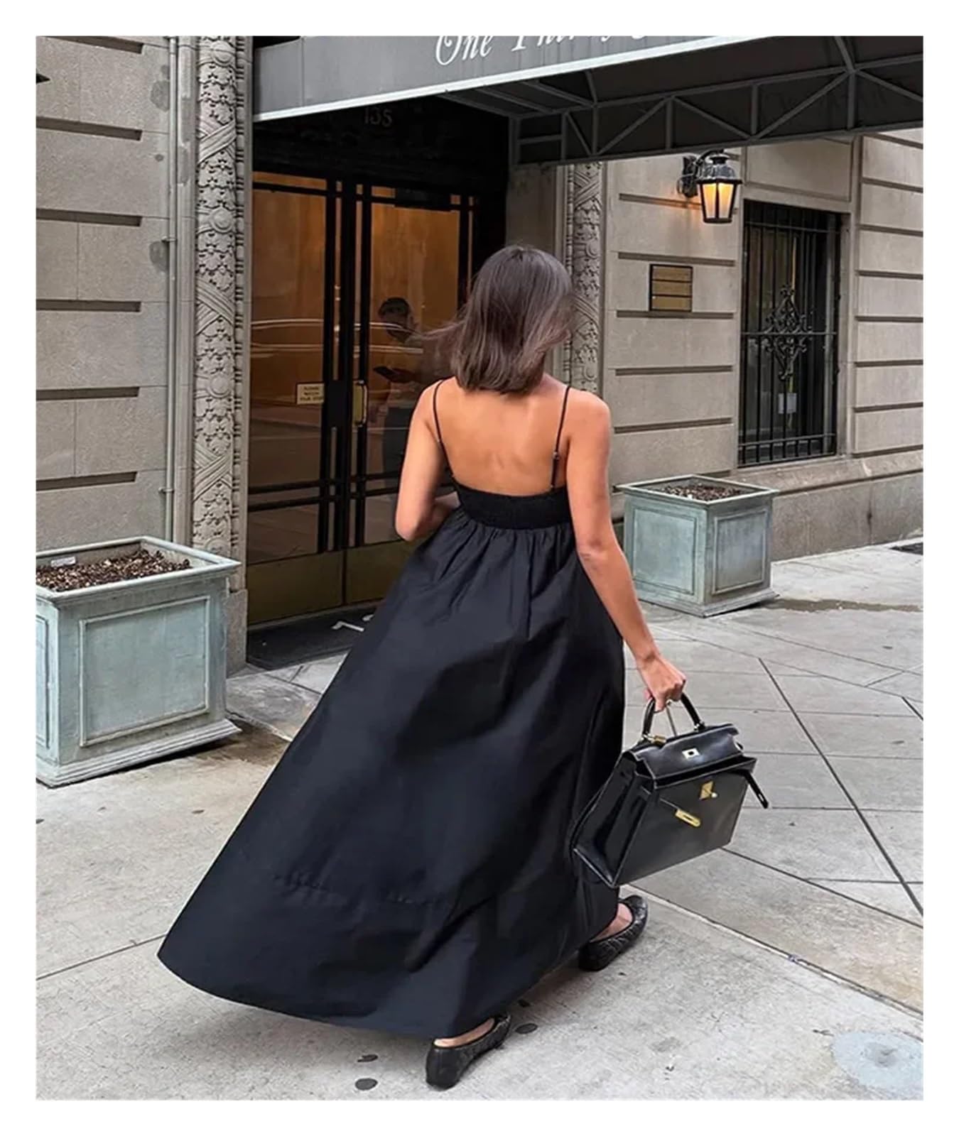 Fond De Robe Femme Robe longue noire dos nu à bretelles for femme, décontractée, ample, col carré, taille haute
