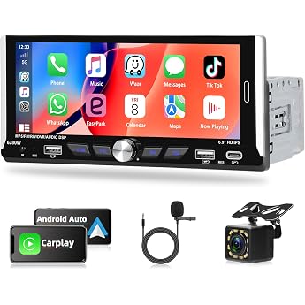 Single DIN Car Radio with A-pple Carplay Android Car 6.9 Inch IPS Touchscreen 1 DIN Bluetooth Car Radio with Colourful Backlight / EQ/FM/RDS/USB & Type-C Ports + Reversing Camera