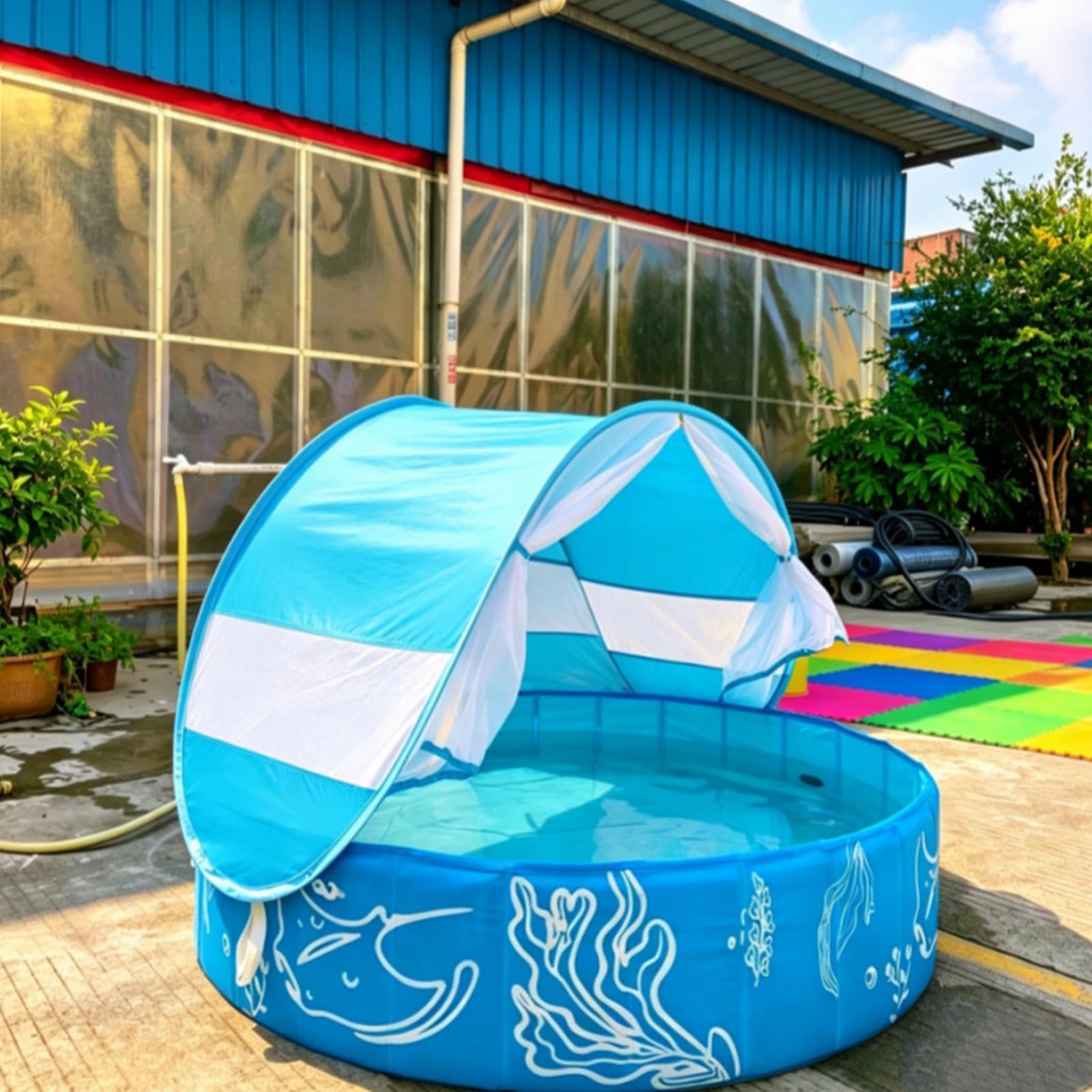 Kinderplanschbecken mit Sonnendach und Netz faltbar rutschfest Nicht | 120 X 30 Zentimeter Tragbarer Pool für Sommer Terrasse Park Reise Outdoor