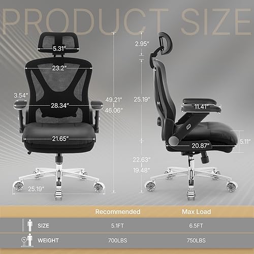 Miniatura 3 de Silla de oficina grande y alta de 750 libras, silla de oficina resistente con brazos abatibles 5D y soporte lumbar ajustable, silla de escritorio