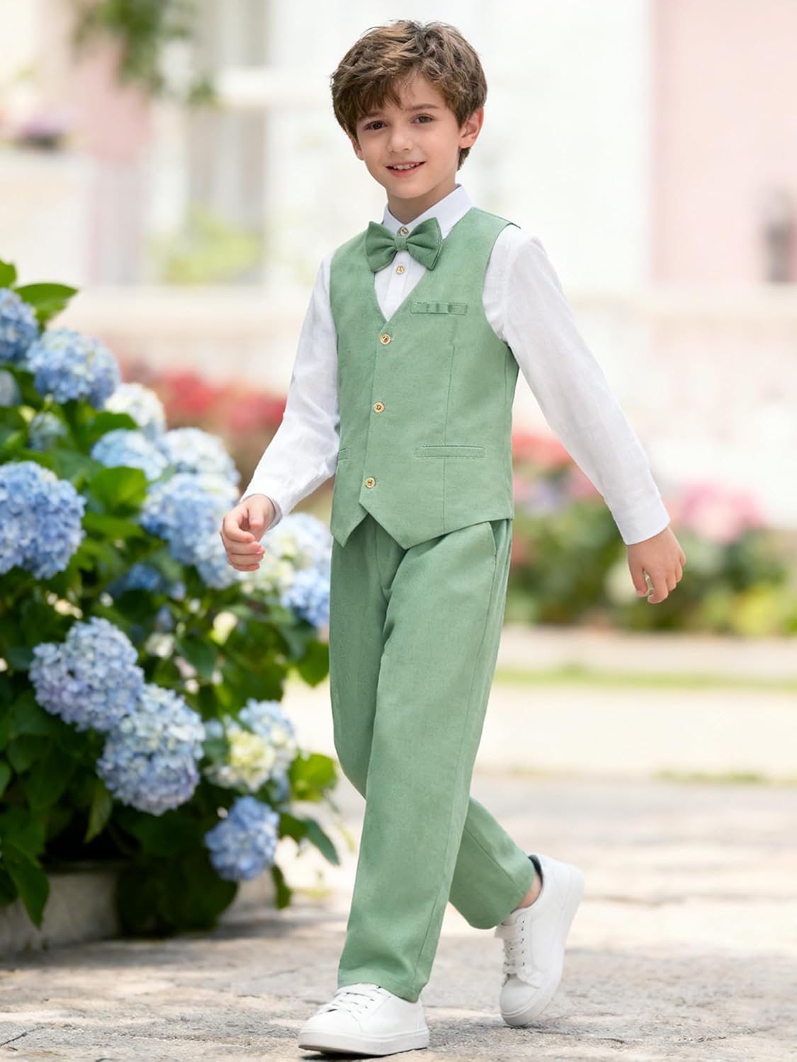LOLANTA Boys Linen Suit Dress Clothes Kids Graduation Wedding Outfit 4 Piece Shirt Vest Pants Set with Bow Tie - Image 2