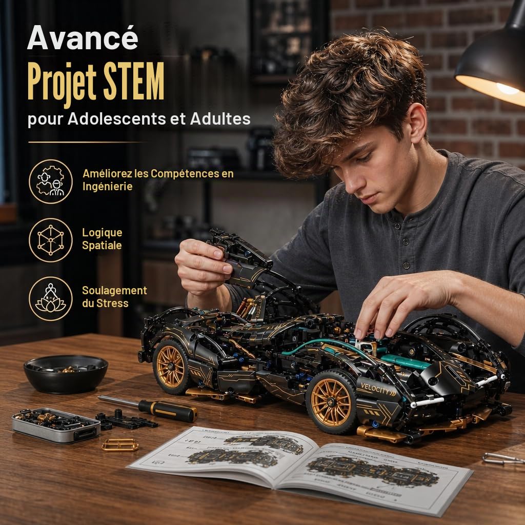 Voiture RC Lamborghini V12 975 Briques 1:14 – Kit Construction Adulte 2.4GHz App LED | Maquette Voiture Télécommandée Cadeau Garçon 10-12 Ans STEM