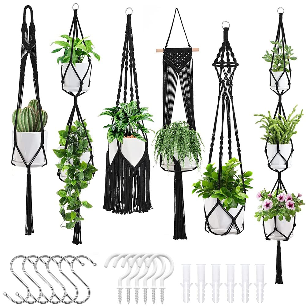 Naugan Black Plant Hangers 6Pack For Indoor Plants W/Hangers Kit Handmade Macromay Plant Hangers Indoor Flower Pots