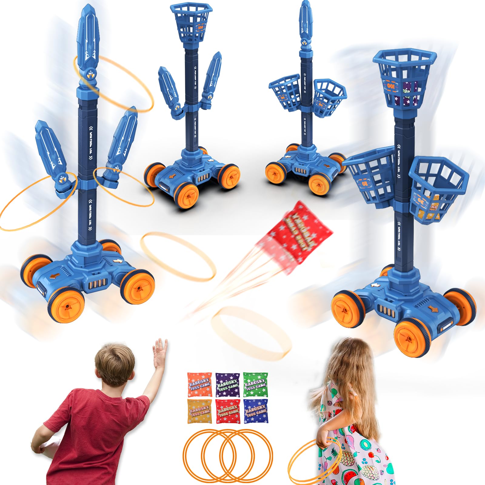 Bean Bag Toss Game for Kids Age 2 3 4 5 6 7 8, 2-in-1 Ring Toss Yard Game for Toddler Adult Family, Outside Moving Adjustable Throwing Basket Target, Outdoor Toys Birthday Party Gifts for Boy Girl