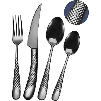 Black Modern 24-Piece Hammered Cutlery Set