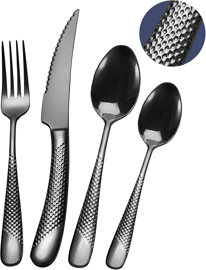 Juego de cubiertos martillados negro modernos de 24 piezas con cuchillo dentado 2 en 1 ultra afilado, set de cubiertos acero inoxidable 18/10, cuberterias completas 6 personas