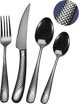 24-Piece Modern Hammered Black Stainless Steel Cutlery Set