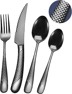 24Pcs Modern Black Hammered Cutlery Set with Ultra Sharp 2-in-1 Serrated Knife, 18/10 Stainless Steel Utensil Set, Titanium Plated Cutlery Set for 6 People, Knives Forks with Spoons