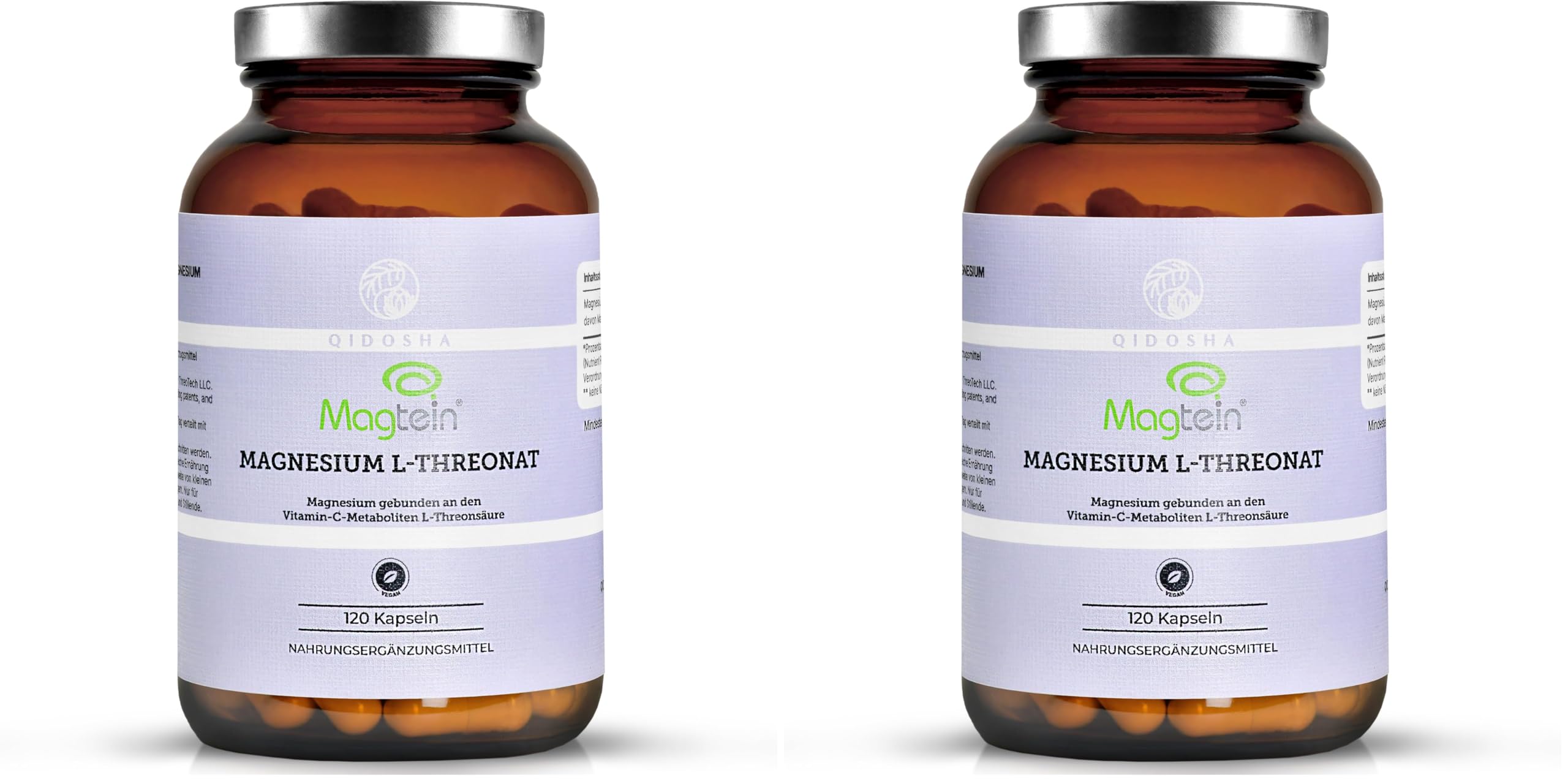 Magtein® Magnesium L Threonat von QIDOSHA®, 120 Kapseln im Apothekerglas, 2000mg/Tagesportion à 3 Kapseln, deutsche Fertigung, jede Charge laborgeprüft (Packung mit 2)