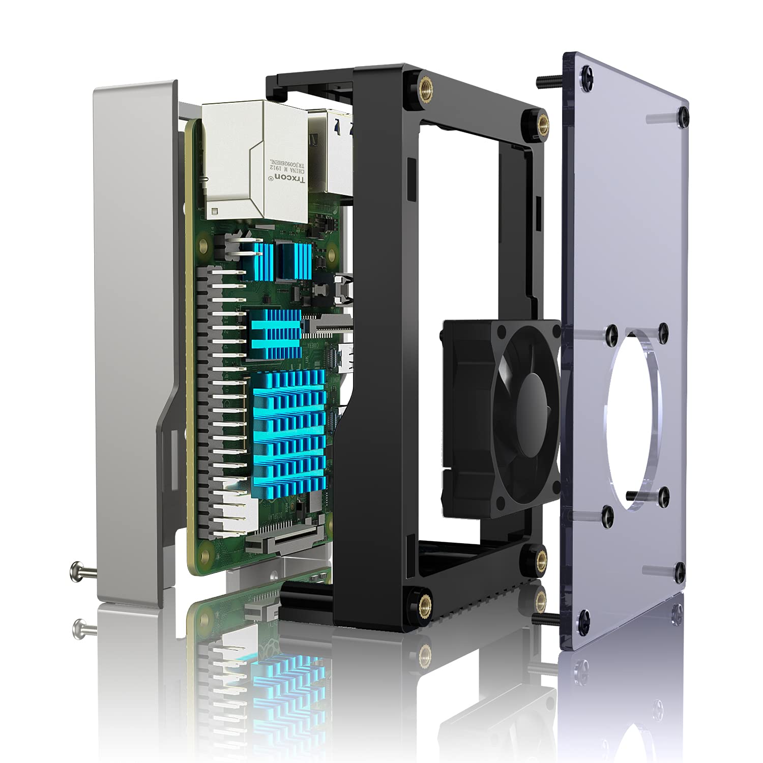 Exploded view of the Miuzei Raspberry Pi 4 Case showing its three layers: bottom aluminum base, middle frame, and top acrylic lid.