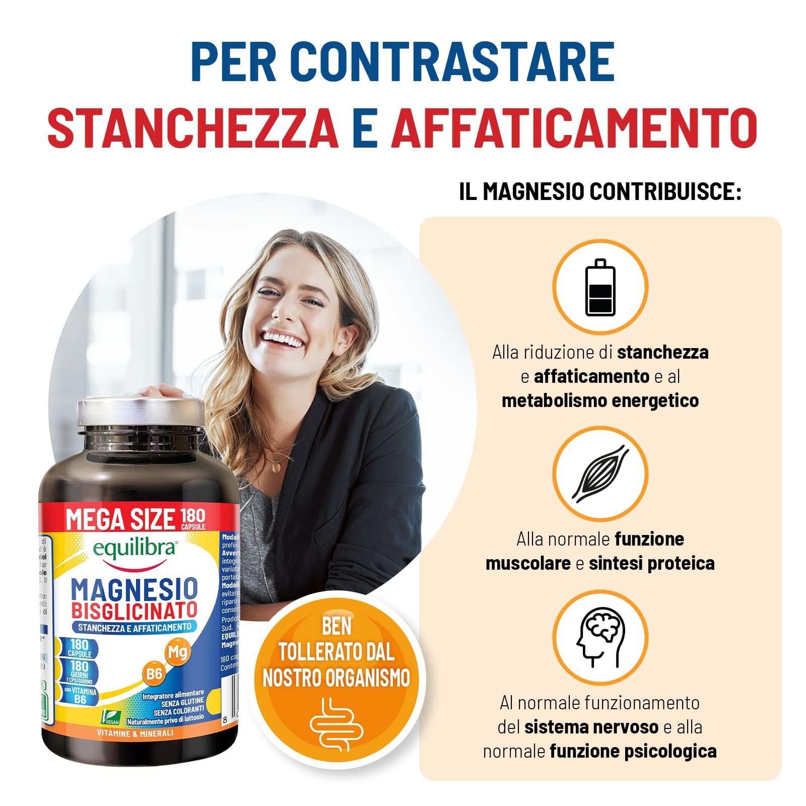 Equilibra Magnesio Bisglicinato, 180 Capsule, 250mg, con Vitamina B6, Scorta 6 Mesi, Assorbimento Ottimale, Vegan, Integratore Stanchezza, Sistema Nervoso e Funzione Muscolare, Senza Glutine