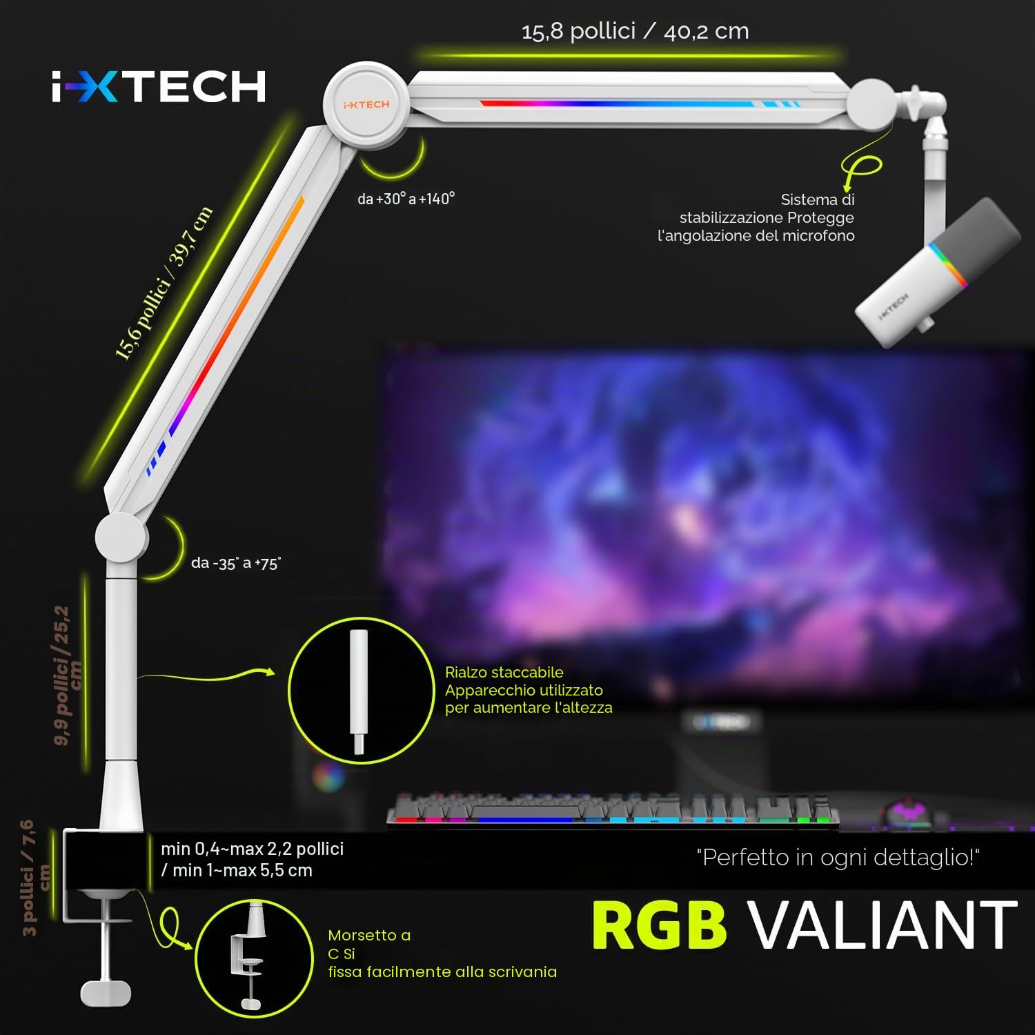 IXTECH Supporto per microfono RGB ad alto profilo, braccio per microfono da scrivania, supporto regolabile per microfono con supporto da scrivania, braccio per microfono per live streaming gaming