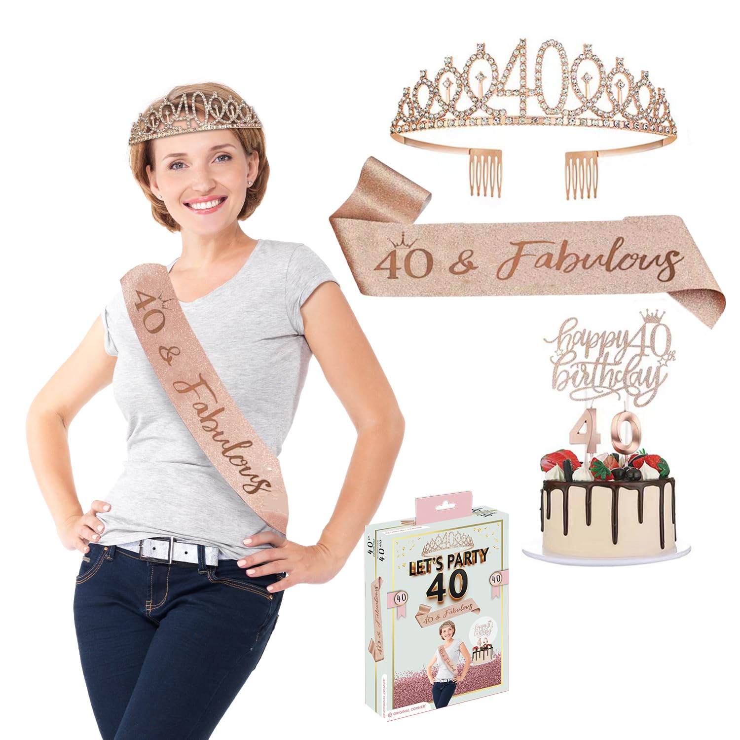 Bday® 40 Year Old Woman Birthday Kit | Miss Scarf Rose Gold | Crown Tiara with Rhinestone | Candles Number 40 | Girl Party Accessory | Cake Topper | Photobooth | Gift | OriginalCorner®