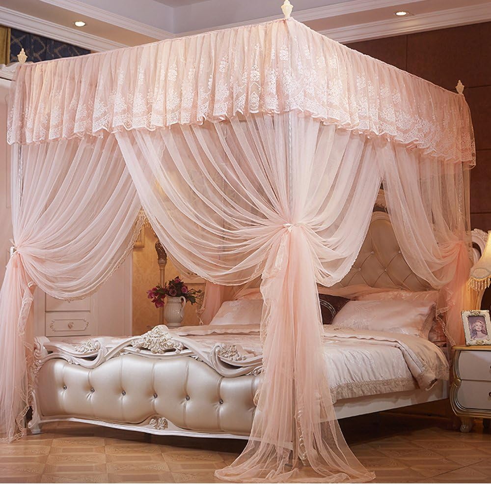 Mengersi 4 Corner Bed Curtain Canopy Net Canopies -Princess Style Bedroom Decoration for Adults &Girls Boys (California King, Peach)