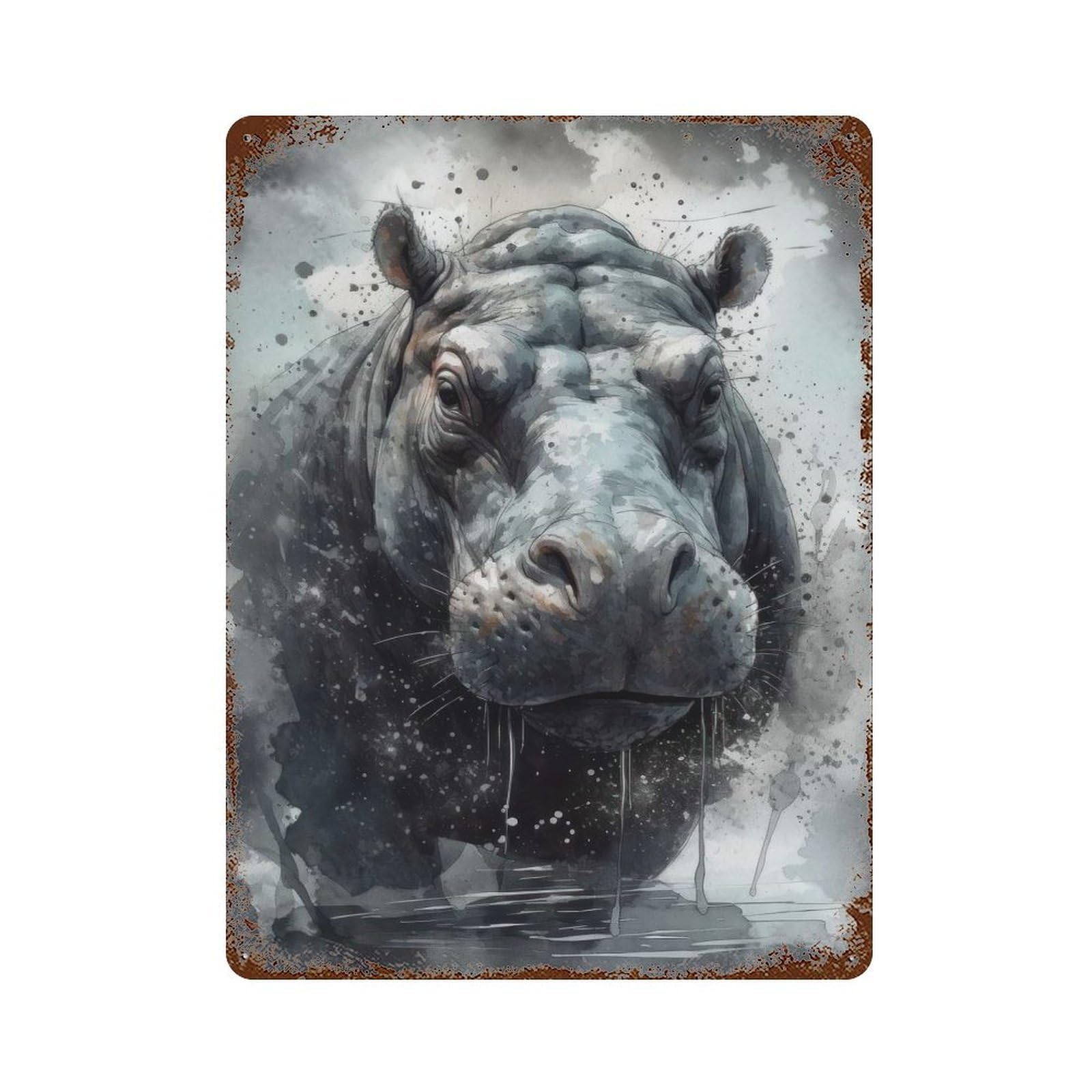 Hippo Wild Beauty Rust Effect Tin Sign 15.7"x11.8", Ideal for Farmhouse, Kitchen And Entryway Decor