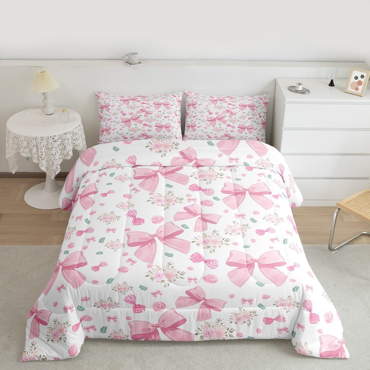 Feelyou Pink Bowknot Comforter Set Twin Size Girls Bow Bedding Set for Kids Boys Girls Cute Bowknot Duvet Quilt Dreamy Princess Style Bedroom Decor Kawaii Microfiber 2 Pcs with 1 Pillow Cases