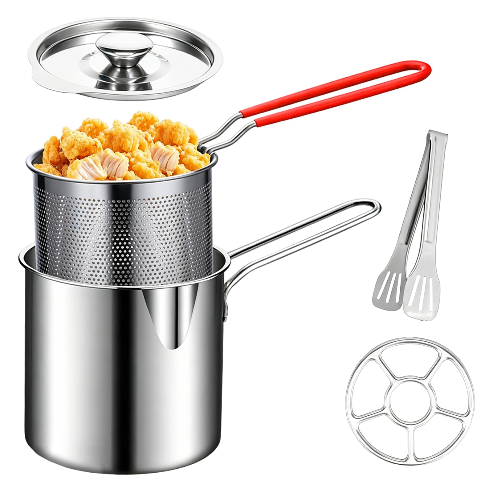 Deep Fat Fryer Set with Strainer Basket and Extended Handle, Stainless Steel Mini Deep Fryer Pot with Lid French Fries Chicken Deeps for Frying Fish Shrimp Chicken and Fries