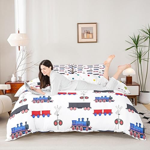 Miniatura 5 de Erosebridal Juego de funda de edredón de tren de dibujos animados para niños, color rojo y azul, funda de edredón de vehículos para niños, Color