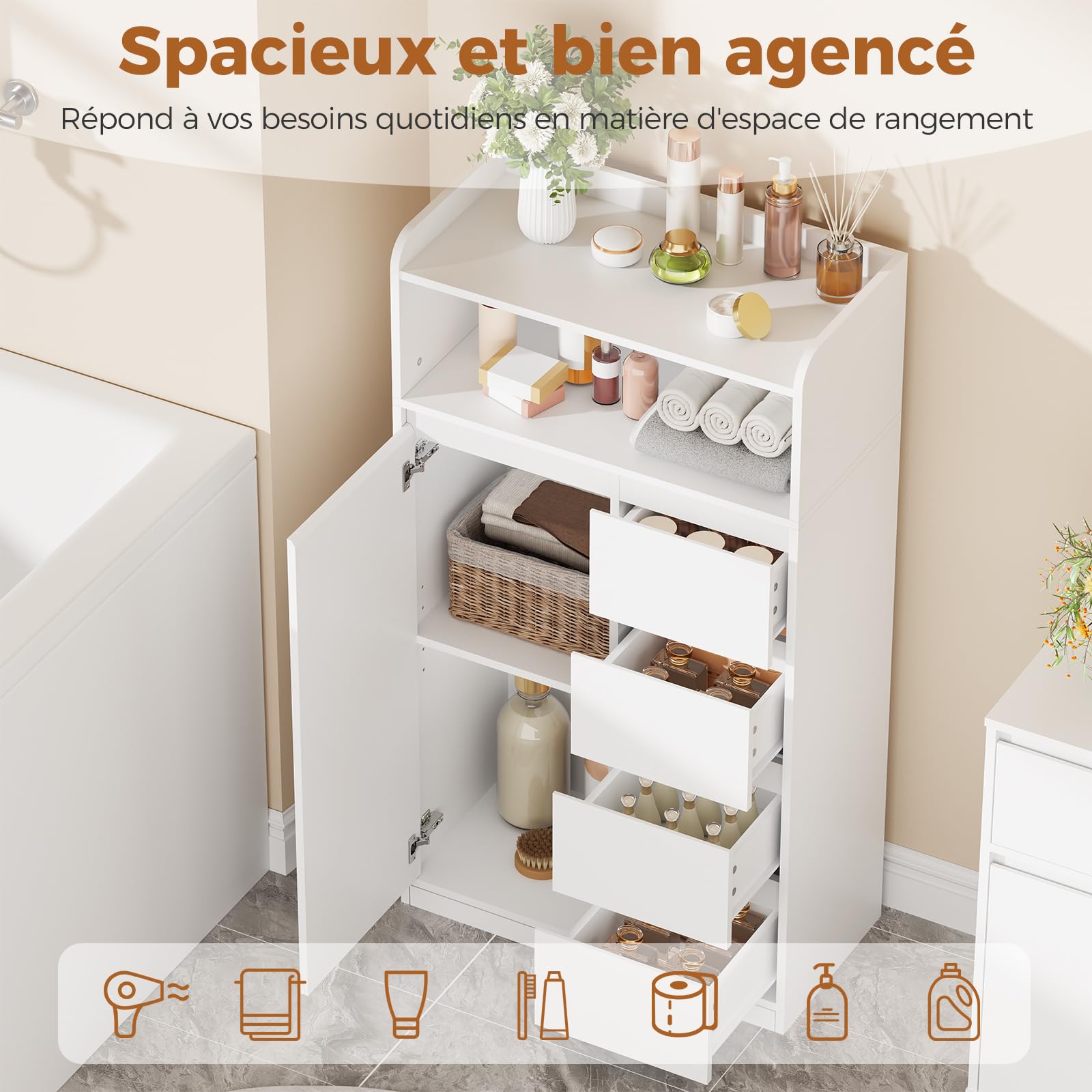 ANWBROAD Meuble Salle de Bain, Meuble de Rangement avec 4 Tiroirs, 1 Porte et Tablettes Réglables, Armoire Haute Salle de Bain, Étagères Ajustables, Blanc 110 x 60 x 30 cm, SBC014W