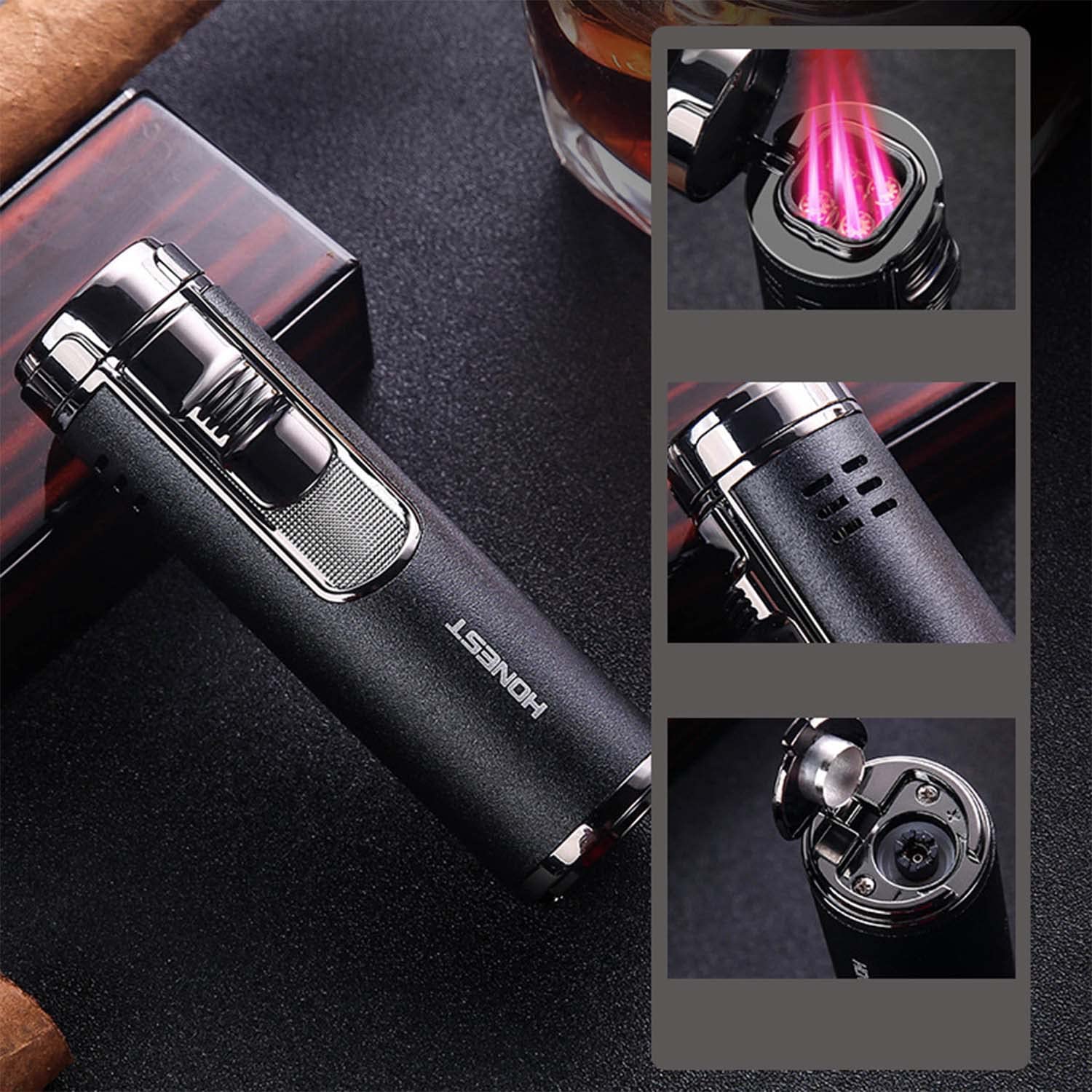Paquet de 5 Métal Cigare Briquet Cylindrique 4 Jets Rouge Flamme Torche Rechargeable Au Butane avec Cigar Punch Briquet de Poche Vente en Gros (sans Gaz)