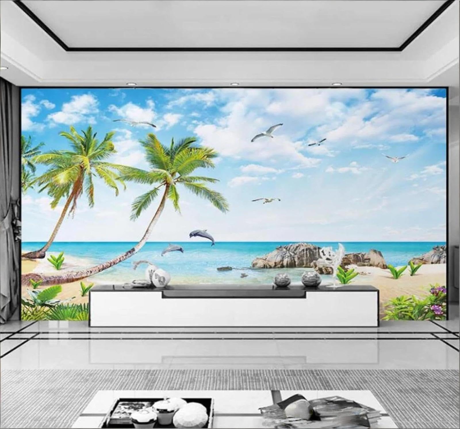 Xlming 300Cm×210Cm(B×H) Beautiful Fresh Seaside Coconut Trees Scenery 3D Wallpaper Silky Texture Home Study Office Grey Dining Room Sofa Bedroom Living Room Tv Backdrop-300Cm×210Cm