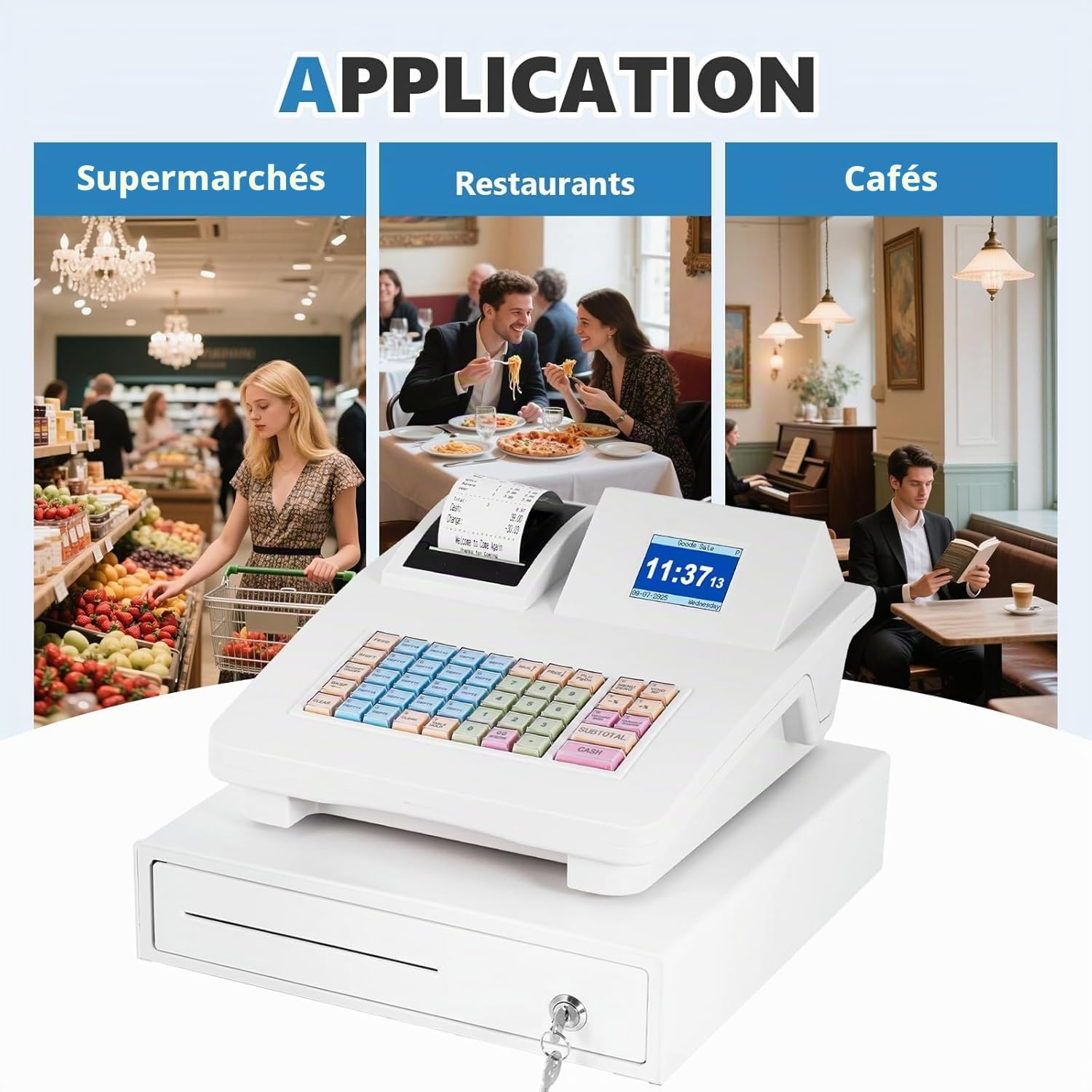 MXBAOHENG 48 touches Caisse enregistreuse électronique avec imprimante de tickets et tiroir de caisse, Système de caisse de supermarché Caisse LED pour Restaurant, café, grands marchés (En anglais)