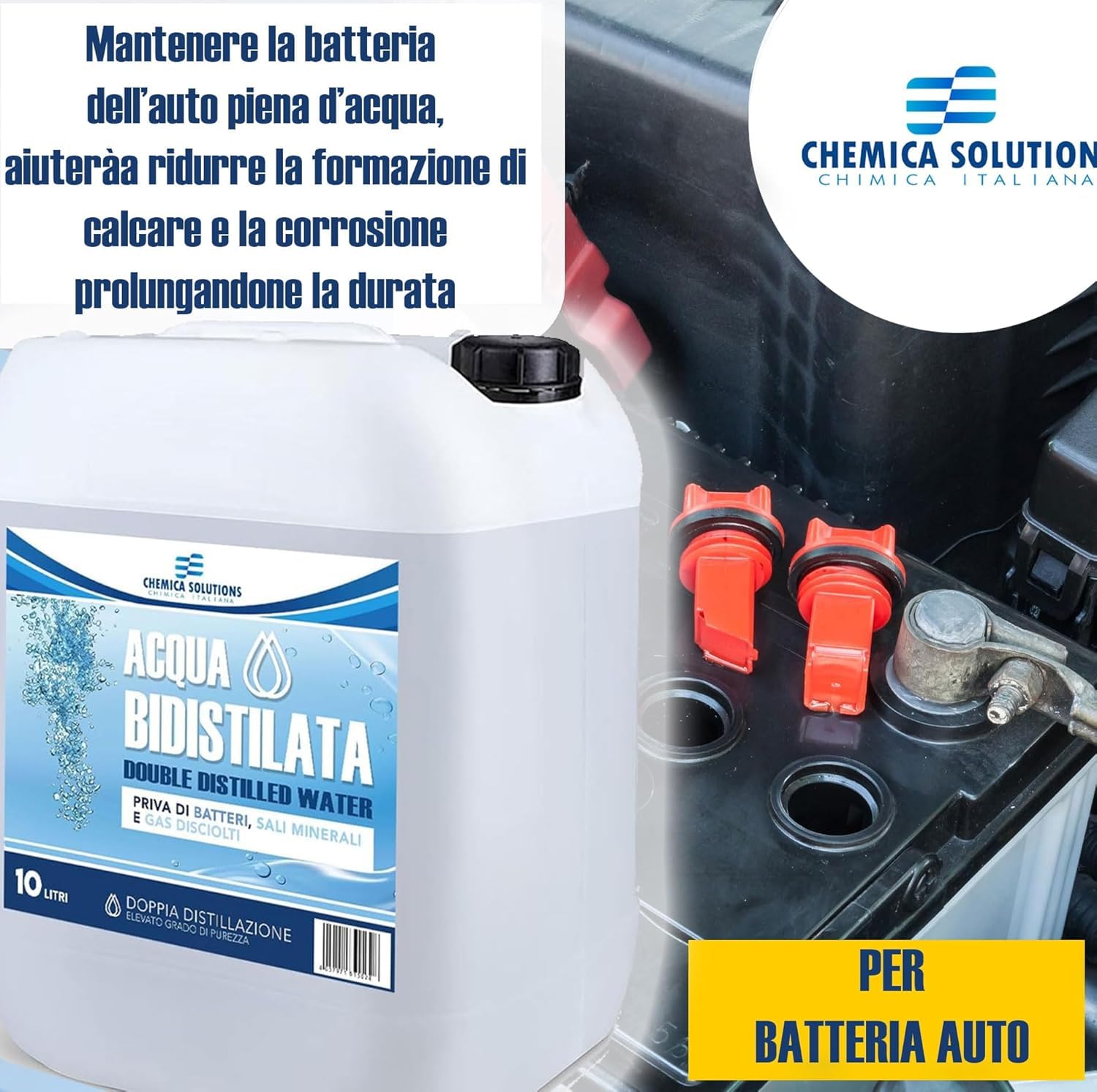CHEMICA SOLUTIONS Acqua Bidistillata Pura per Uso Industriale e clinico tanica da 10 Litri, Distillata Due Volte, Demineralizzata, per Ferri da Stiro, umidificatori, batterie e Altro Made in Italy