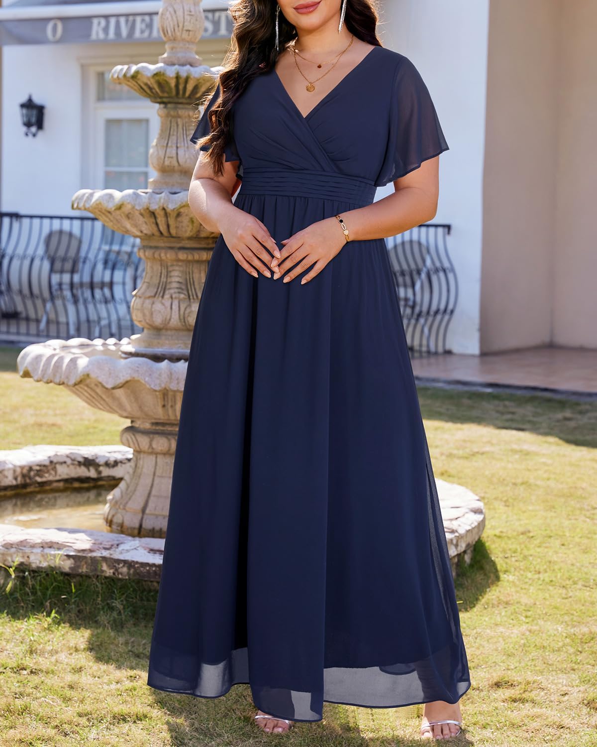 Plus Size Formal Dresses - V Neck Flutter Sleeve Glitter Prom Evening Gowns Wedding Guest Chiffon Long Maxi Dress - Image 6