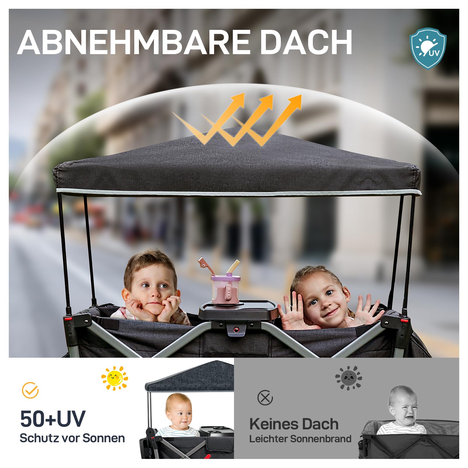 EVER ADVANCED Bollerwagen für 2 Kinder Faltbar mit Dach, Kinderwagen 2x5 Punkt Sicherheitsgurt mit Wickelrucksack, Bollerwagen mit Sitz, Handwagen Transportwagen, Ziehen & Schieben, Fußbremse