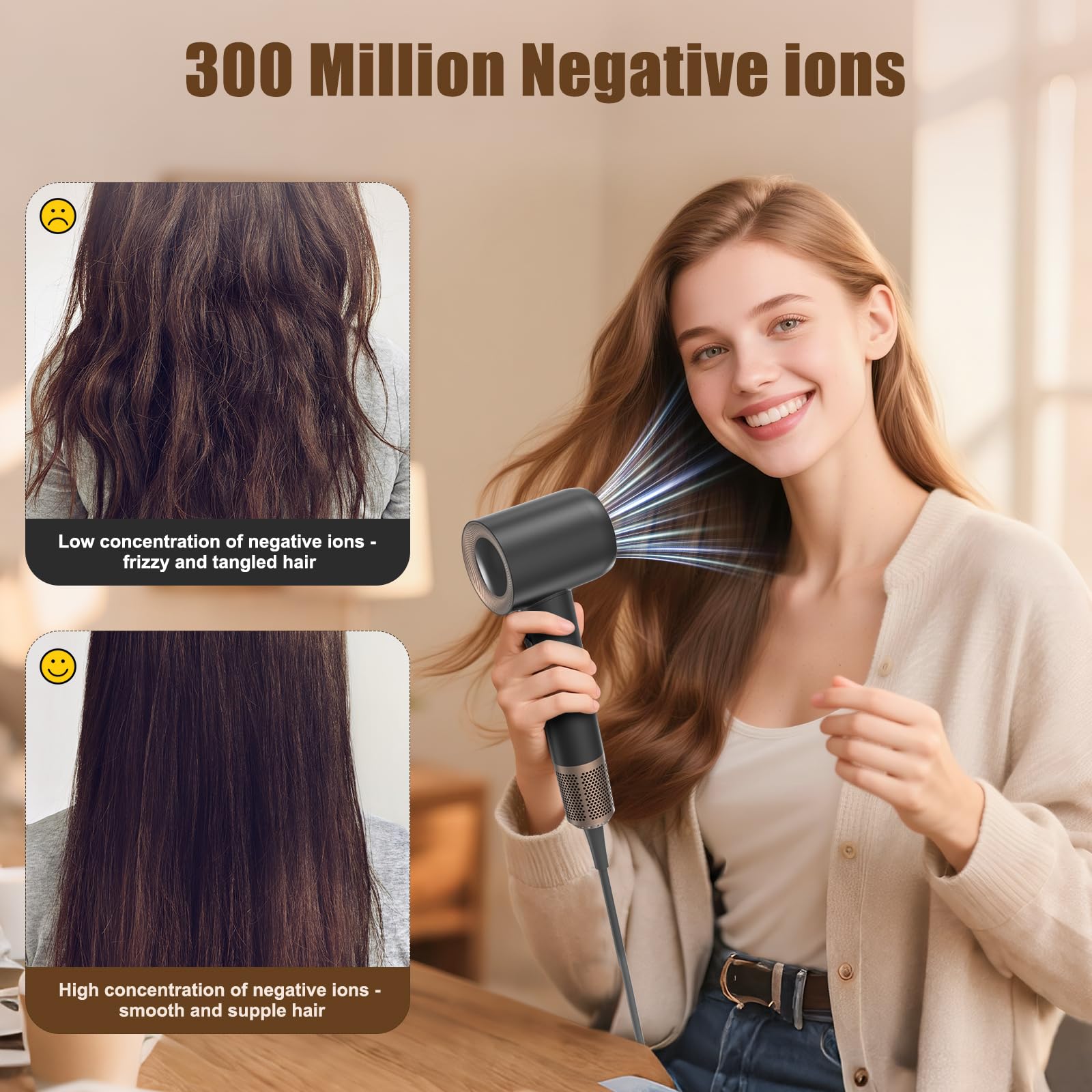 Secador Pelo Profesional con Difusor y Boquillas, 59 dB de Ruido Bajo Secador Pelo Ionico, Motor Sin Escobillas de 160.000 RPM, Hair Dryer con 4 Temperaturas y 2 Velocidades, Negro
