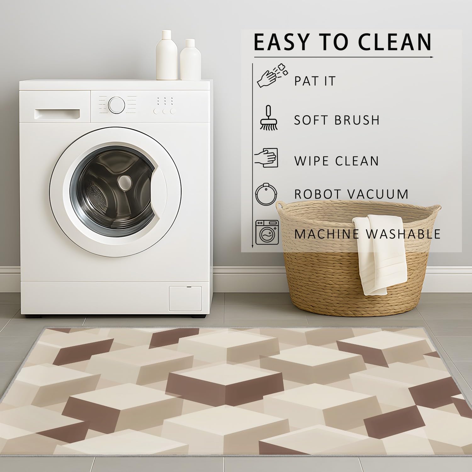 Tapis Lavable Imprimé Cubes 3D Losanges Beige 240x300 cm pour Salon Chambre