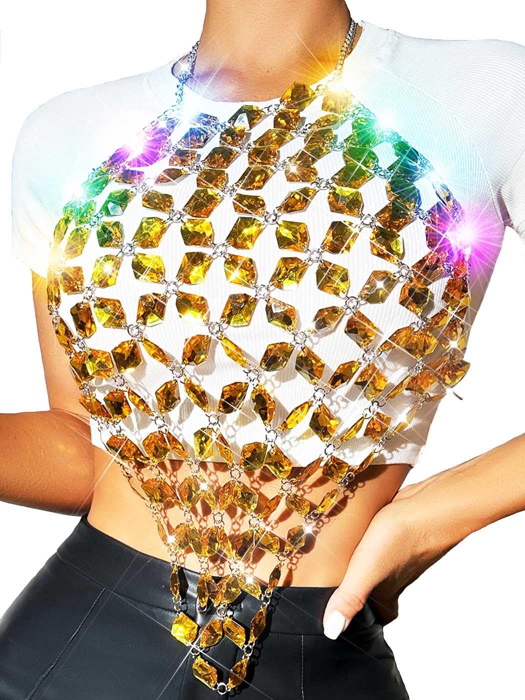 BODIY Light Up Crystal Bra Chain top LED Rhinestones chest chain Sparkly Body Jewelry for Women