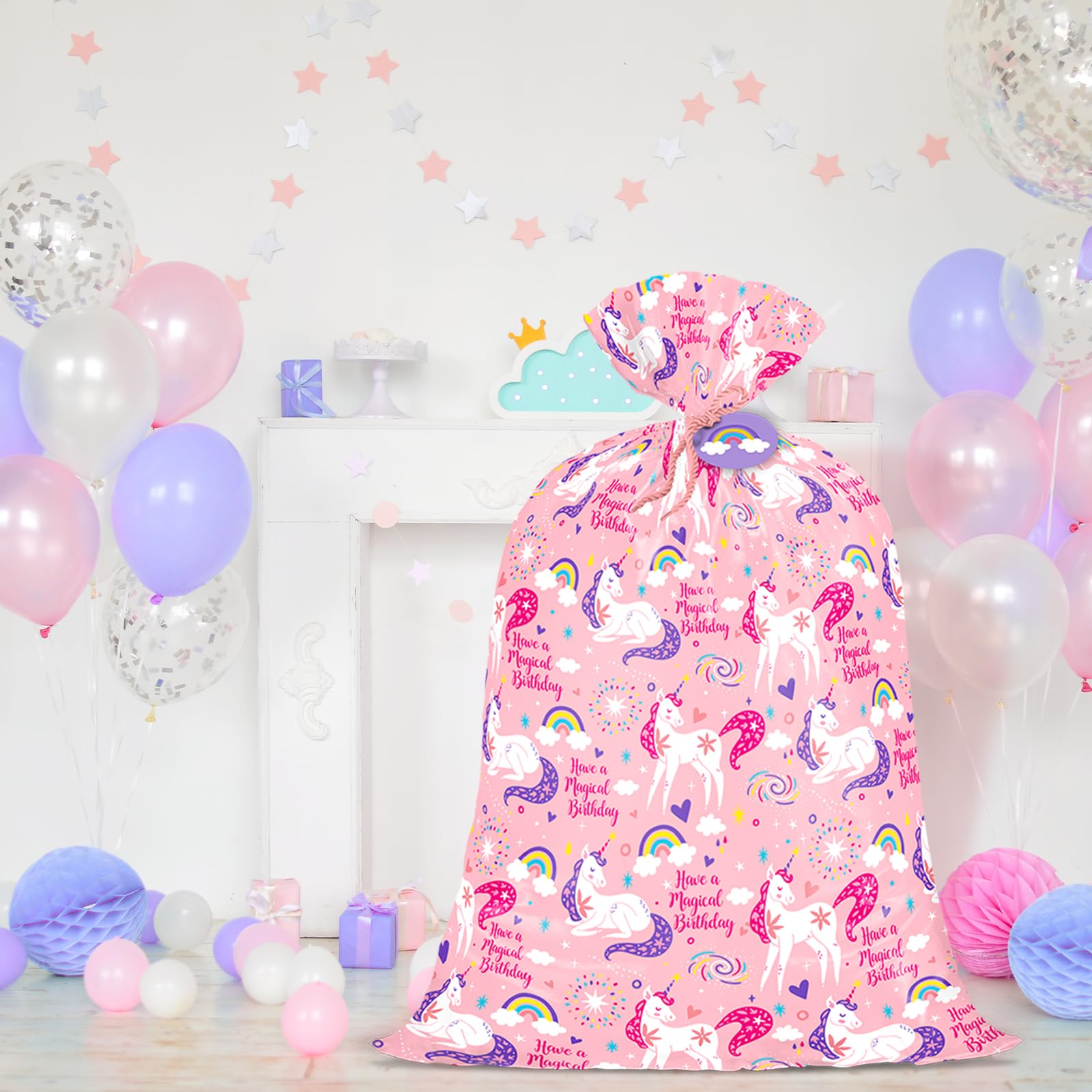 WRAPAHOLIC 56" Extra Large Pink Unicorn Birthday Gift Bag - Have a Magical Birthday Jumbo Bike Bag Gift Wrap for Girls, Baby Shower, Party, Holiday - 56" H x 36" W
