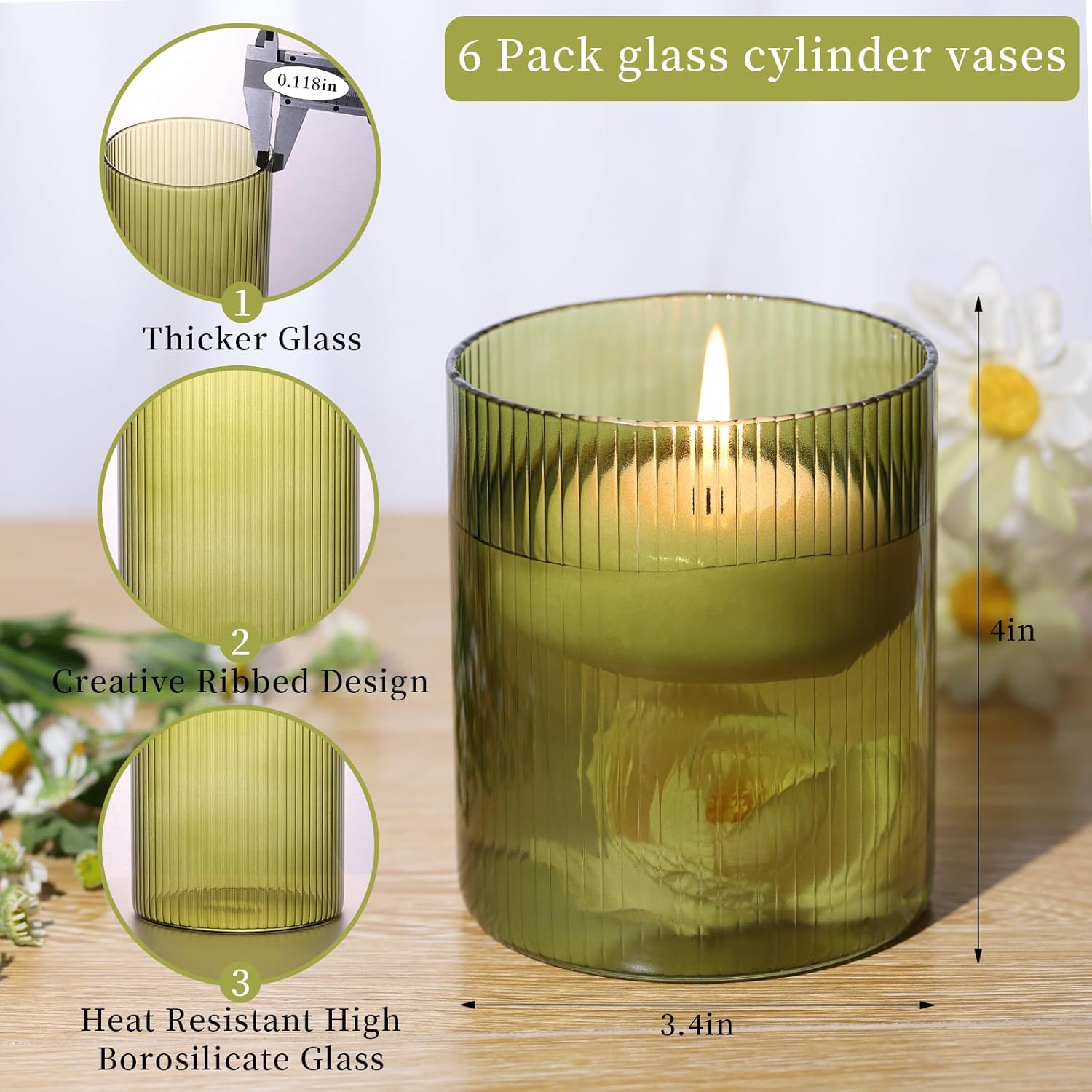 Glass Ribbed Cylinder Vase Set of 6, Bud Vase for Wedding Centerpieces, Green Flower Vases Bulk, Hurricane Floating Candle Holder, Decorative Flower Vase for Table Housewarming Gifts (Green) - Image 5