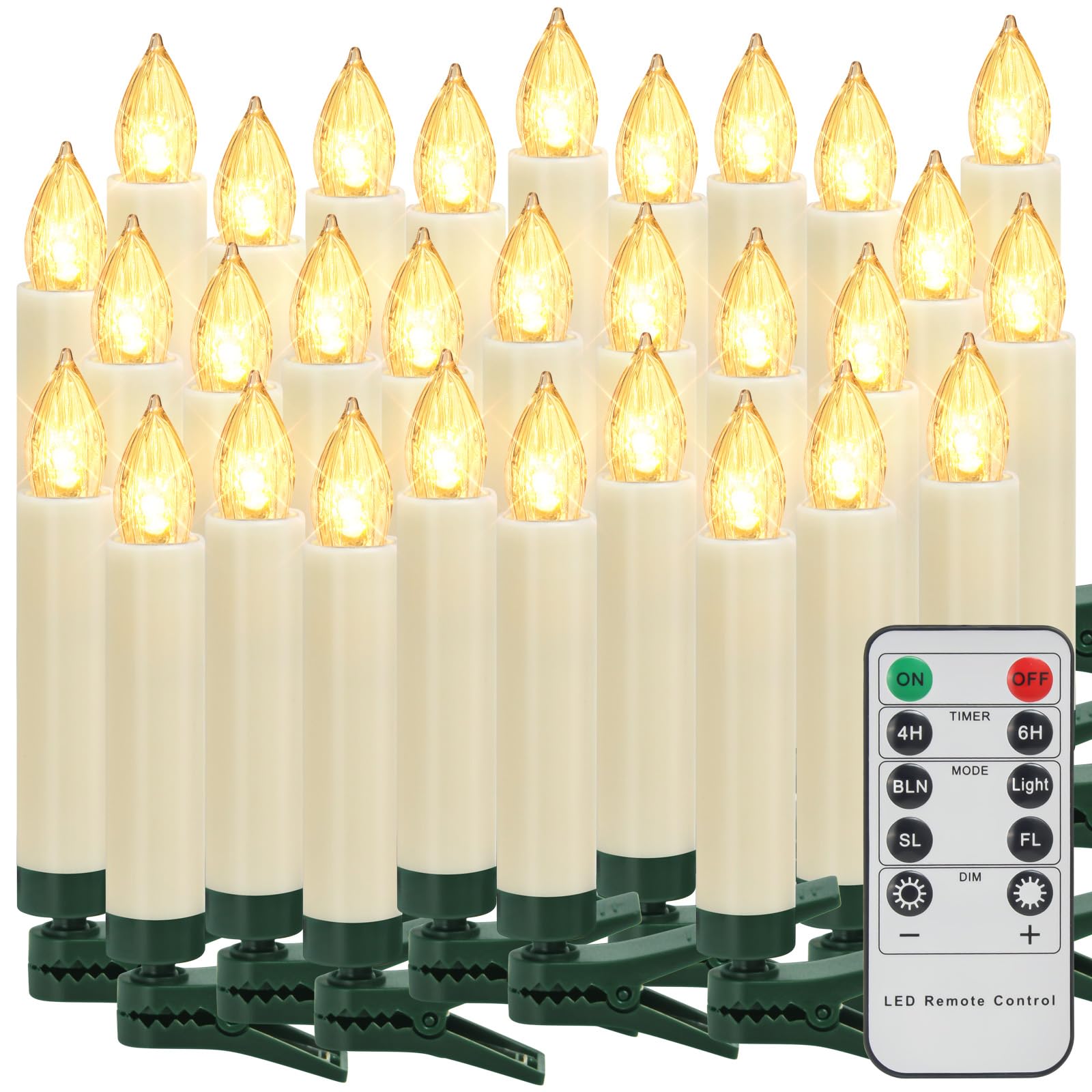 TechKen Velas LED para árbol de Navidad con mando a distancia con clip, parpadeantes, velas de Navidad, velas eléctricas, velas sin llama, decoración navideña (30 unidades, blanco cálido)