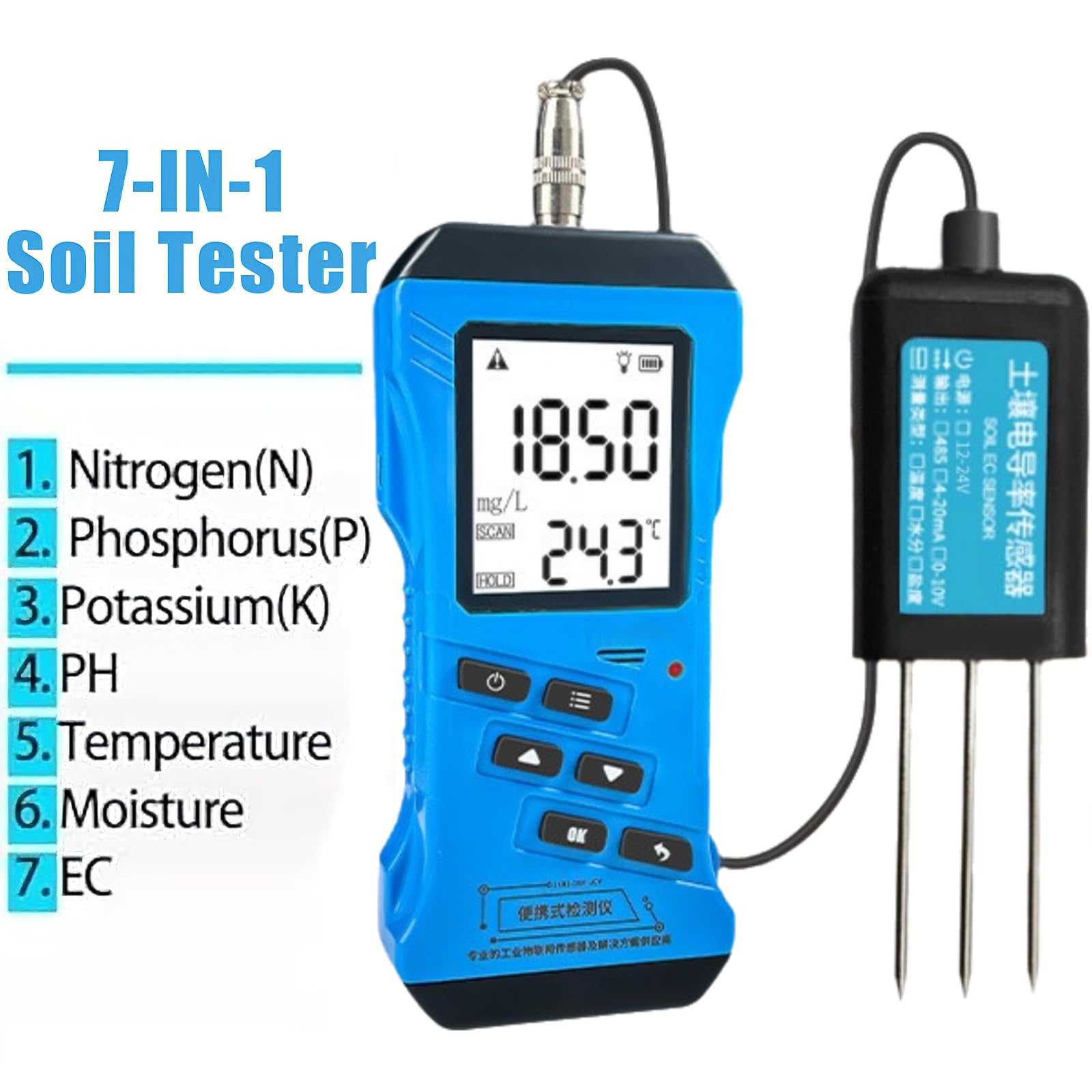 Testeur de Sol Numérique 7-en-1 avec Mesure d’Humidité, pH, NPK, CE et Température, Écran LCD pour Jardinage, Pelouse, Ferme, Serre et Plantes d’Intérieur/Extérieur