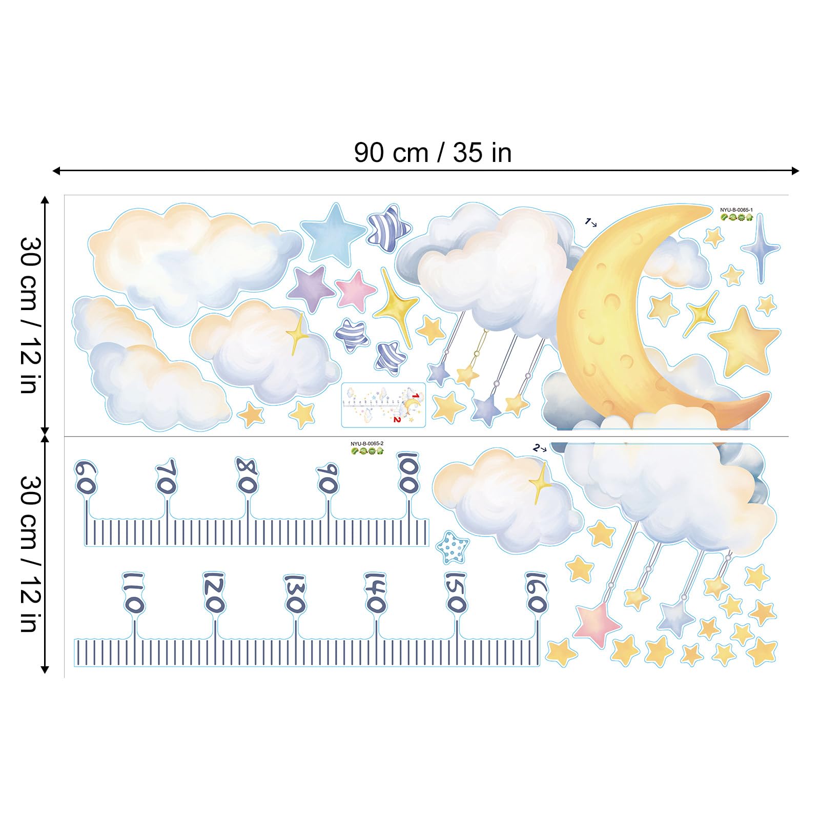 Pegatinas de Pared Medidor Altura Infantil Acuarela Adhesivos Pared Decorativo Luna Nubes Estrellas Vinilos para Habitación Bebé Niños Dormitorio Guardería