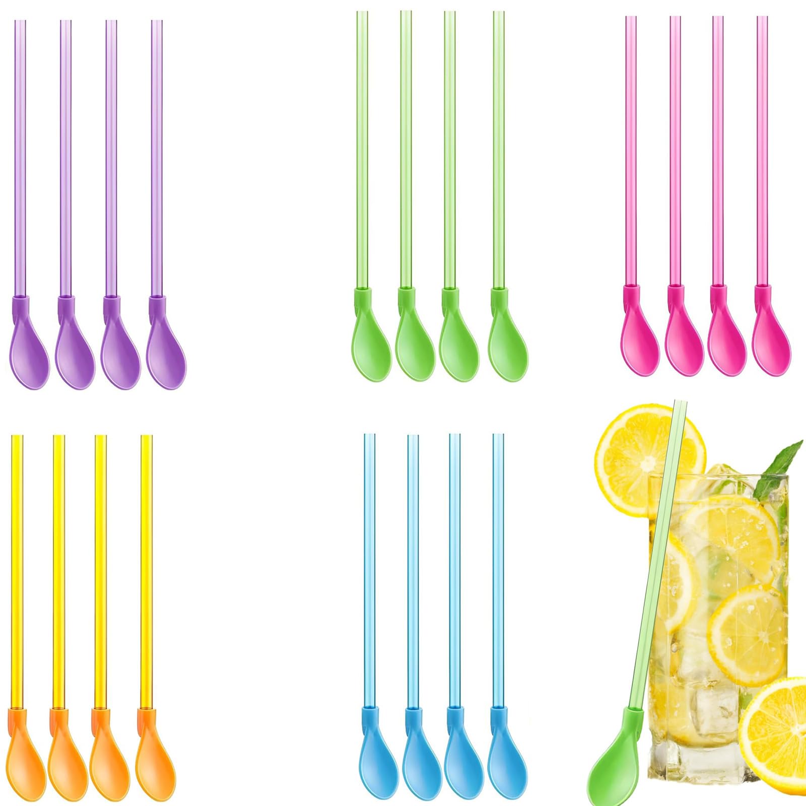 20Pcs Slush Straws Reusable Straws, 2 in 1 Colored Straw Spoon Reusable Detachable Straws Drinking Plas-tic for Milkshake, Smoothie, Cocktails, Coffee and Drinks