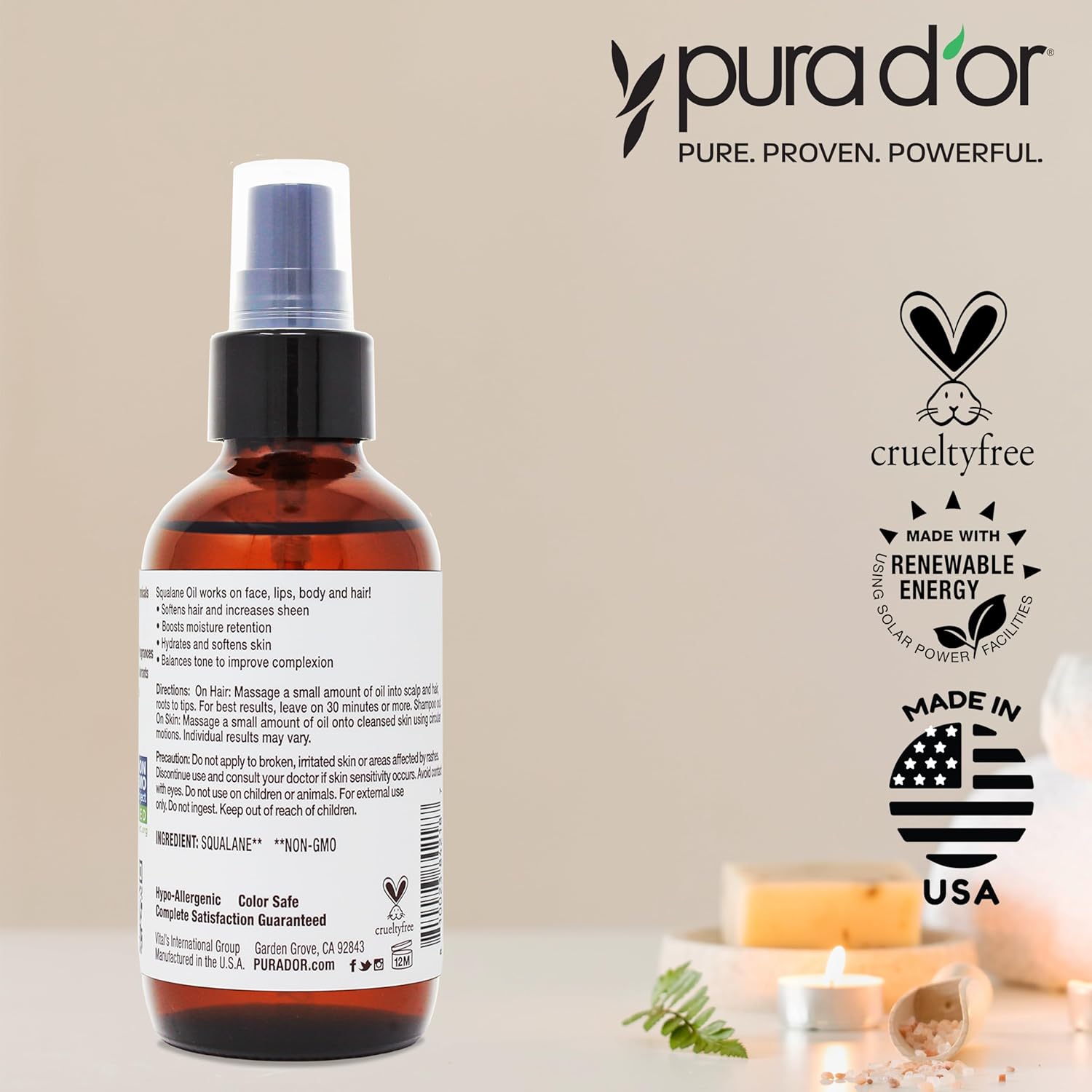 PURA D'OR 3.38 Oz Squalane Oil - Non-GMO 100% Pure & Natural - Moisturizer For Face, Hair And Body - Vegan, Cruelty-Free with Anti-Aging Benefits - Men & Women - Travel Size - Image 5