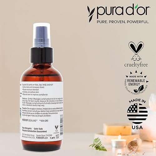 Miniatura 5 de PURA D'OR Aceite de escualano de 3.38 onzas, sin OMG, 100% puro y natural, hidratante para cara, cabello y cuerpo, vegano, sin crueldad animal con