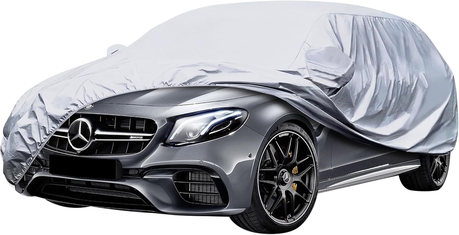 Universal car Cover for Mercedes E350 E500 Waterproof Paint Protection UV rain dust Snow Heat with Zipper Cotton Lining Wind gust Straps (Midsize Sedans 183"-195" (465-495 cm)