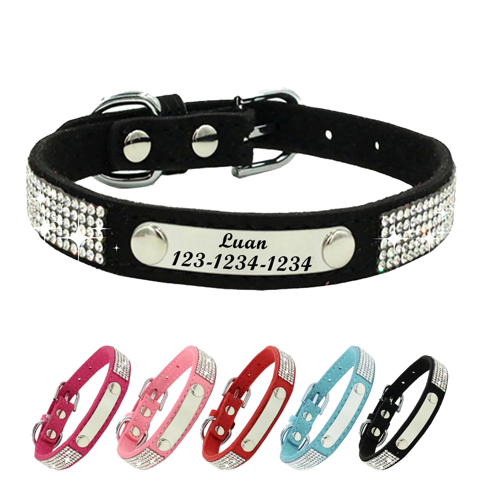 Personalized Dog Collar with Rhinestone Name Tag - Glitter Polyester Collar Adjustable [Black,XS]