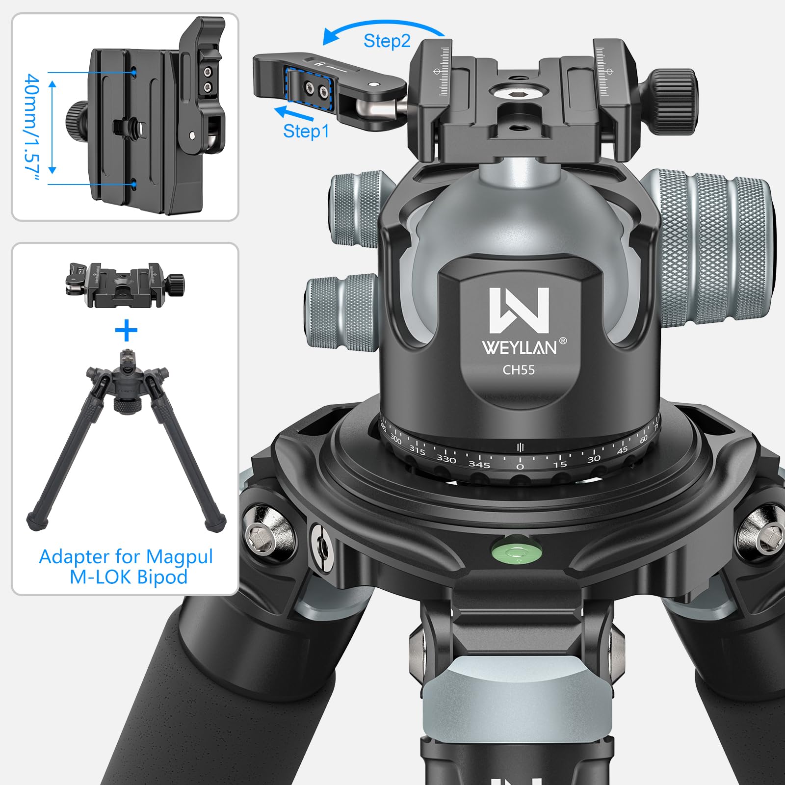 WEYLLAN CH55L Stativkugelkopf mit Hebelentriegelung, 55mm Low Profile Kugelkopf mit MLOK Arca Rail, Arca Schnellwechselplatte für Kamerastativ, Kamera, Monopod, DSLR, Teleskop, maximale Belastung 40kg