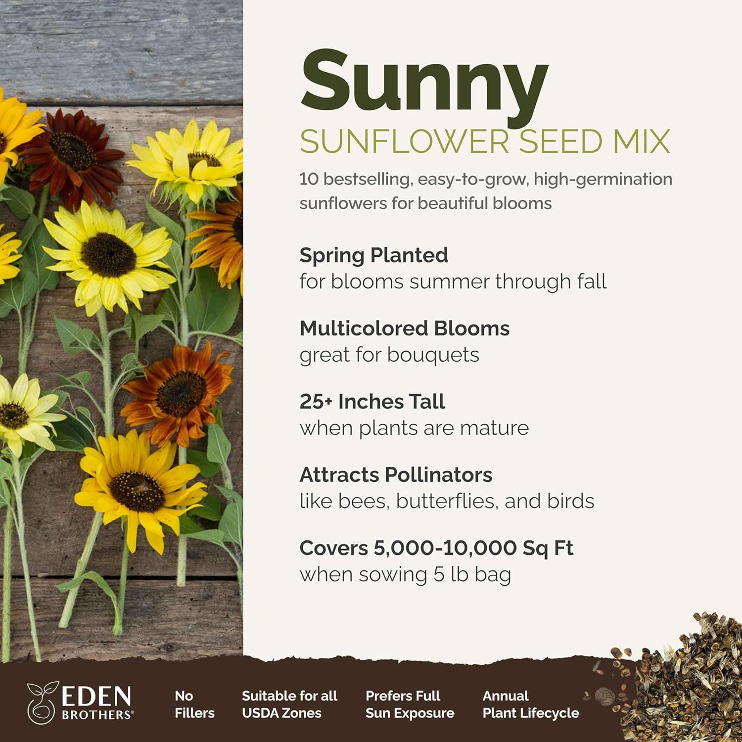 Eden Brothers Sunny Flower Mixed Seeds for Planting, 5 lb, 30,000+ Seeds with Ox-Eye, Maximilian, Dwarf Sunspot Sunflower | Attracts Pollinators, Plant in Spring, Zones 3, 4, 5, 6, 7, 8, 9, 10