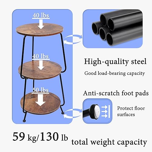 Miniatura 4 de Mesa auxiliar pequeña, mesa auxiliar redonda de 3 niveles, mesa auxiliar delgada, mesita de noche industrial vintage, marco de metal y mesa de