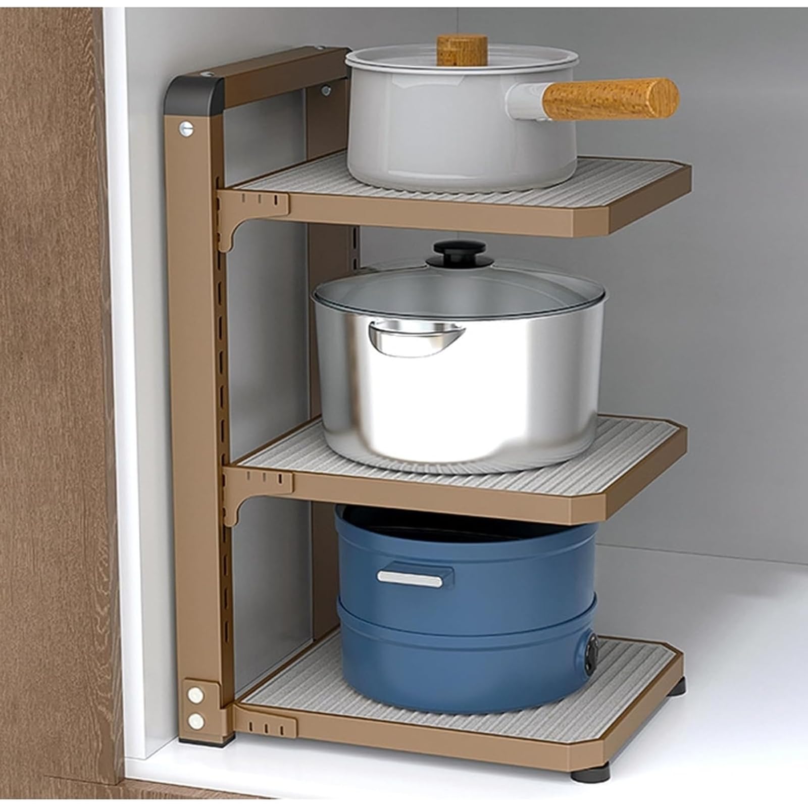 GLETSF Kitchen Cabinet Organizer Rack, Heavy Duty Adjustable Storage for Pots and Pans, Space Saving Under Solution,Brown-3 Layer